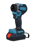 Versatile 21V Cordless Drill And Screwdriver Combo Featuring A Smooth Brushless Motor 55Nm Peak Torque side view with battery and grip