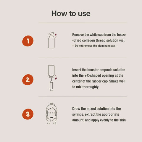 Instructions for Stem Cell Exosome Skin Booster Kit With Exosome PDRN Peptide And Collagen For Next Level Rejuvenation Deep Hydration Anti Aging Glow In Korean Skincare 30ml Set Of Five Ampoules, detailing vial preparation and application.