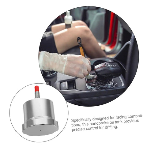 Drift Ready Racing Car Oil Tank Hydraulic Reservoir Cup with Easy Install for Brake and Clutch Control in use inside vehicle.