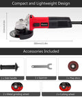 Premium Heavy Duty 4 1/2 Inch Angle Grinder With A Badass 7.5 Amp Motor and ergonomic handle viewed from the side with accessories.