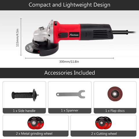 Premium Heavy Duty 4 1/2 Inch Angle Grinder With A Badass 7.5 Amp Motor and ergonomic handle viewed from the side with accessories.