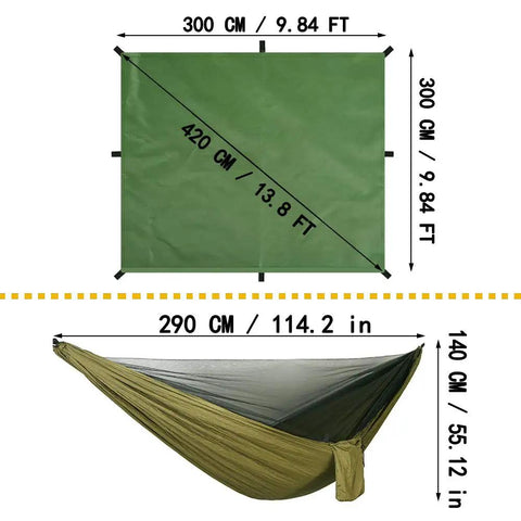 Diagram of Oversized Waterproof Rain Fly Camping Hammock With Mosquito Net And Tree Straps Carabiners Poles And Gear Army Green