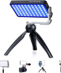 Pro-Grade Pocket RGB LED Video Light With 7200mAh Battery on adjustable tripod, illuminated with blue LEDs, suitable for streaming setup.