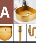 Top Shelf Stainless Steel Gold Vessel Sink, Semi Circular Above Counter Basin With Push Type Drain, Sleek Modern Profile, top view.