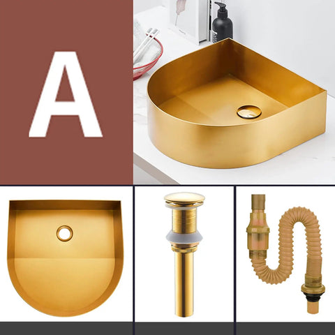 Top Shelf Stainless Steel Gold Vessel Sink, Semi Circular Above Counter Basin With Push Type Drain, Sleek Modern Profile, top view.