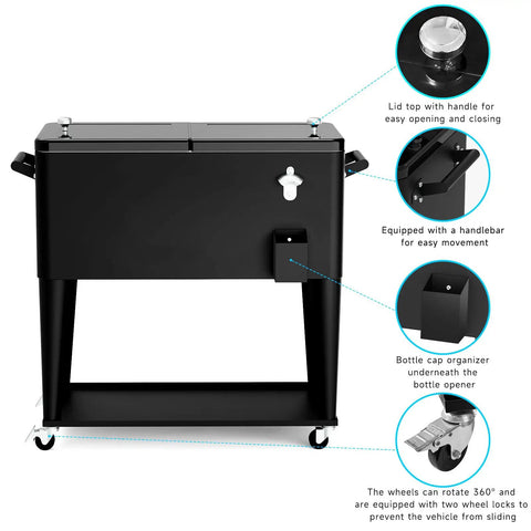 80 Quart Rolling Ice Chest Cart Portable Outdoor Beverage Cooler With Bottle Opener And Cap Collector And Storage Shelf For Patio Party Barbecue Beach Activities Black with lid and wheels