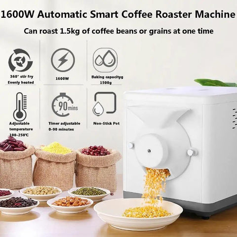Heavy Duty Electric Coffee Bean Roaster Machine With Rapid Heat Cycling And Fool Proof Timers For Bold Flavor Hits And Easy Peasy Roasting Sessions Straight At Home, 1600W, adjustable temp, non-stick pot.