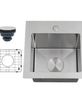 Drop In Bar Sink 15 By 15 Inch 16 Gauge Stainless Steel For Outdoor Wet Bar And RV Sinks Top Mount shown with drain and grid