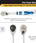 5-Piece Aluminum Ratchet Set With 90-Tooth Swivel Head And Flat Head Drives showing large single pawl design and 90-tooth feature