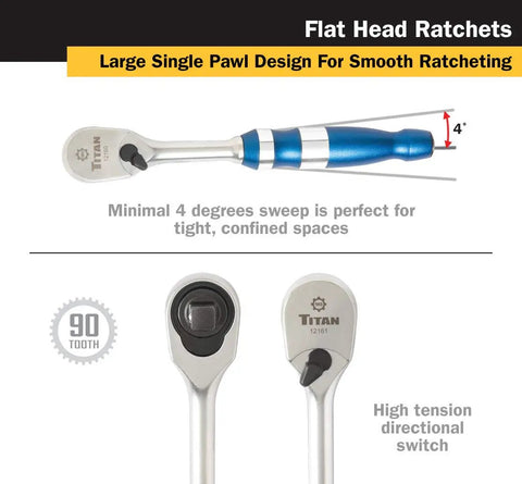 5-Piece Aluminum Ratchet Set With 90-Tooth Swivel Head And Flat Head Drives showing large single pawl design and 90-tooth feature