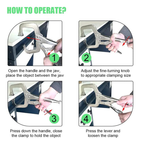 Step-by-step instructions using Beefy Heavy Duty 4 Piece Locking C Clamp Set With Swivel And Fixed Pads for clamping objects.