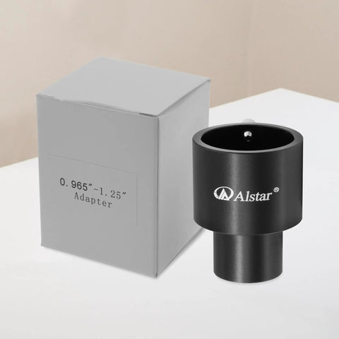 0.965 Inch To 1.25 Inch Eyepiece Adapter For Telescopes Aluminum Converter beside box packaging on table
