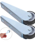 Rock Solid Sliding Door Rollers With Durable Rubber Casters And No Droop Bottom Support Wheels For Wooden Barn Doors And Closets Glides Like A Dream Replacement Hardware Kit 2 Pack showing steel axle rollers with rubber wheels.