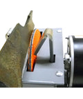 Close-up of Heavy Duty 7 Inch Arc Lawnmower Blade Bench Grinder With Half Horsepower Motor sharpening a mower blade.