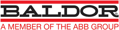 Baldor logo, a member of the ABB group, text in black and red.