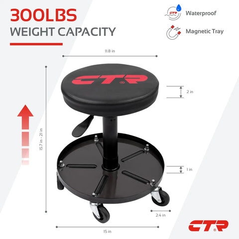 Rolling Mechanic Shop Stool With Magnetic Tool Tray, 300 lbs capacity, adjustable height 15.7-21 inches, 5 casters.