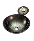 Top Shelf Tempered Glass Vessel Sink Built Tough As Nails With Slick Waterfall Faucet Flow For No Sweat Bathroom Vanity Setup And Easy Daily Washing That Looks Absolutely Straight Fire, round bowl with floral design.