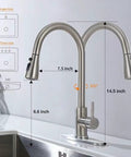 Slick Brush Nickel Single Handle Pull Down Kitchen Faucet With Knockout Three Mode Spray Settings And Complete Zero Hassle Setup For Fast Weekend Renovations, showing dimensions and features.