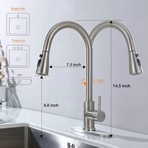 Slick Brush Nickel Single Handle Pull Down Kitchen Faucet With Knockout Three Mode Spray Settings And Complete Zero Hassle Setup For Fast Weekend Renovations, showing dimensions and features.