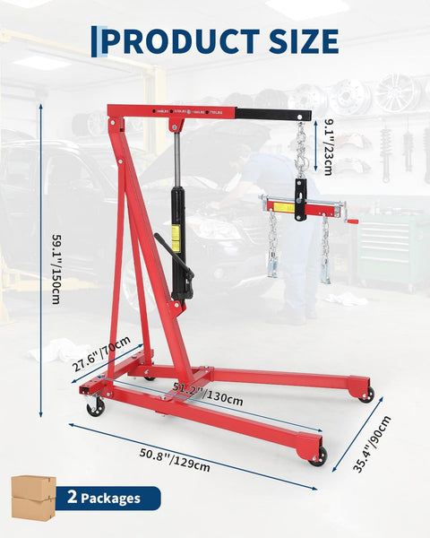 Heavy Duty Hydraulic Engine Hoist With Lever 1.5 Ton Capacity 3000 Lbs Shop Crane Telescopic Boom 4 Swivel Casters Red