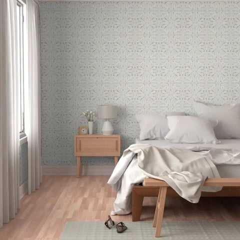 Workhorse Symmetrical Wallpaper With Pvc Free Type Ii Rating And Matte Texture Boasting Sturdy Linen Vibes For Busy Kitchens Bathrooms And Commercial Spaces Using Paste To Paper Installation For Pro Level Daily Results in a serene bedroom setting.