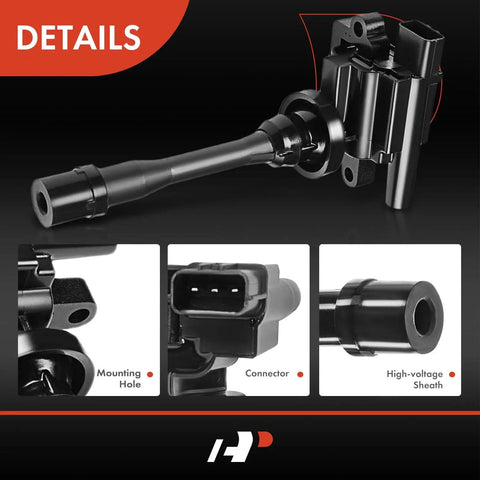 Two Ignition Coils With Two Wires For Mitsubishi Outlander 2003 Mirage 1997 2002 Lancer Eclipse Galant And Chrysler Sebring Dodge Stratus 1.8L 2.0L 2.4L Replacement Set detailing mounting hole, connector and high-voltage sheath.