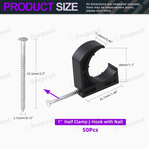 Black Half Clamp J Hook Nail Assortment Kit, 50 Pcs, Plastic Small J Clamps For PEX Tubing 1 Inch Pipe Support dimensions view