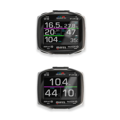 Quad Ci Wrist Dive Computer With Customizable ZH-L16C Algorithm screen showing dive data with rugged black silver build.