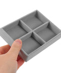 Premium Solid Go-To Velvet Jewelry Tray, Four Secure Grid Dividers held by hand, compact storage for jewelry.