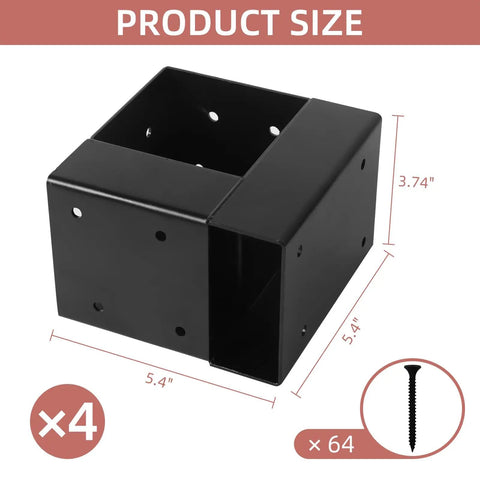 Heavy Duty 3 Way Corner Brackets Set For DIY Workbench And Work Table Fits 4x4 And 2x4 Lumber Right Angle Corner Brackets With Pre Drilled Holes Easy Install Black Great For Garage Shop And Home Projects shown in black with dimensions 5.4 x 5.4 x 3.74 inches.