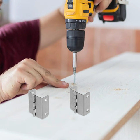 Set Of 4 Hole Folding Butt Hinges For Cabinets And Furniture, Stainless Steel With Quiet Operation shown with drill and wood