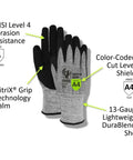 Griffin Gear ANSI A4 Liquid Repellent Nitrile Work Gloves With Foam Palm For Maximum Grip And Dexterous Flex 13 Gauge DuraBlend Shell 12 Pairs Size 10 XL shown with grip and cut level features.