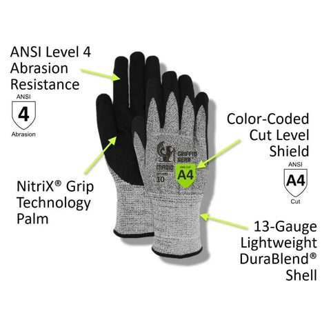Griffin Gear ANSI A4 Liquid Repellent Nitrile Work Gloves With Foam Palm For Maximum Grip And Dexterous Flex 13 Gauge DuraBlend Shell 12 Pairs Size 10 XL shown with grip and cut level features.
