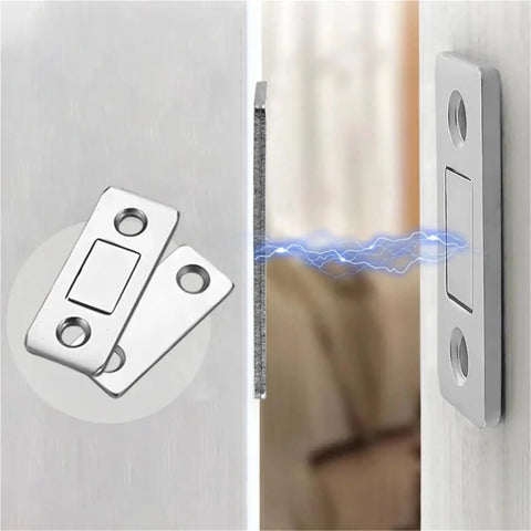 12 Pack Ultra Thin Magnetic Cabinet Catches With Invisible Adhesive showing metal design and magnetic force in use