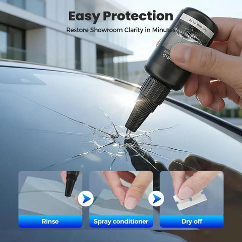 Close-up of Windshield Crack Repair Kit Two Piece DIY Auto Glass Repair Liquid on cracked car windshield