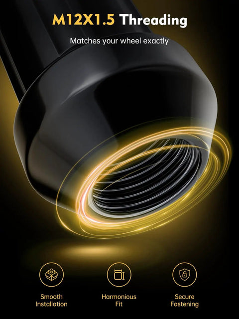 Close-up of black M12x1.5 threaded lug nut showing smooth installation for 24 Pcs M12x1.5 Lug Nuts 60 Degree Conical Seat Bulge Closed End