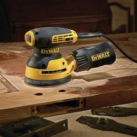 Random Orbit Sander With Variable Speed 5 Inch 3 Amp Corded Electric Low Vibration Design used on wood surface