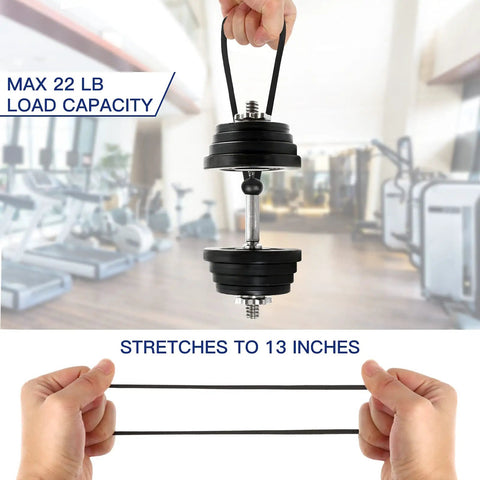 Hand holding a dumbbell with text indicating max 22 lb load, next to a stretched bungee cord in a gym setting.
