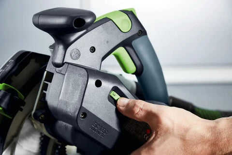 Close-up of Plunge Cut Track Saw TS 60 KEB F Plus With KickbackStop grip handle, showcasing ergonomic design and control.