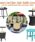Outdoor Patio Bar Table Cover For Round 21 Inch Diameter And 23 Inch High Fits Keter 7.5 Gallon Cool Bar End Tables Beige Waterproof 420D Polyester With Rainproof Backing For Small Outdoor Side Tables, showing cover in garden setting with different tables.