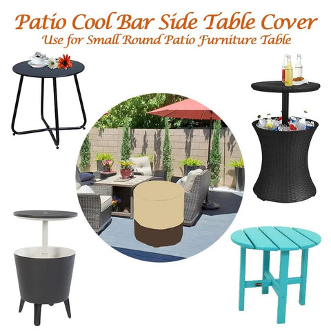 Outdoor Patio Bar Table Cover For Round 21 Inch Diameter And 23 Inch High Fits Keter 7.5 Gallon Cool Bar End Tables Beige Waterproof 420D Polyester With Rainproof Backing For Small Outdoor Side Tables, showing cover in garden setting with different tables.