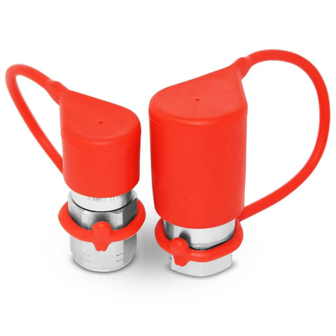 Front view: set of two red Summit Hydraulics 1/4 in NPT flat-face hydraulic quick-connect couplers with dust caps
