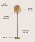 63 Inch Natural And Black Pinecone Wood And Metal LED Floor Lamp For Living Room With Dope Contemporary Scandinavian Organic Design UL Listed LED Bulb Included Easy Assembly Model JYL6124A with labeled parts