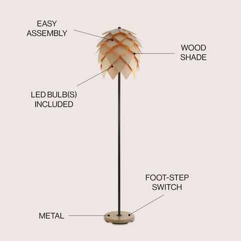 63 Inch Natural And Black Pinecone Wood And Metal LED Floor Lamp For Living Room With Dope Contemporary Scandinavian Organic Design UL Listed LED Bulb Included Easy Assembly Model JYL6124A with labeled parts