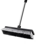 Heavy Duty Push Broom With Adjustable Stainless Handle And Tough Bristles Built For Sweeping Decks Garages And Driveways, close-up view.