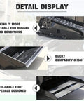 Detail display of Mini Skid Steer Loader With 13.5HP Stand On Compact Crawler Design 45 Inch Bucket Hydraulic Drive Easy Lifting And Digging Wide Attachments Compatibility USA Stock Transparent Delivery No Hidden Fees featuring rugged road treads, 0.15m3 bucket, and foldable foot pedals