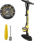 High Pressure Bike Floor Pump for Precision Inflation, steel barrel, 160 PSI, 3 inch analog gauge, TwinHead DX5, long hose, black and yellow