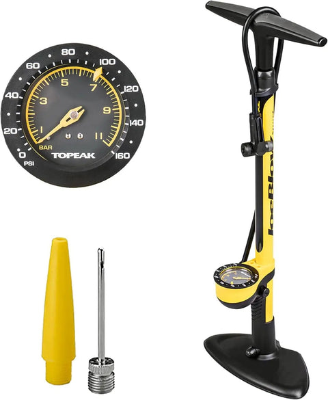 High Pressure Bike Floor Pump for Precision Inflation, steel barrel, 160 PSI, 3 inch analog gauge, TwinHead DX5, long hose, black and yellow