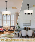 Traditional 5 Light Chrome Drum Chandelier With White Linen Shade For Dining Room, Living Room, Foyer, Modern Pendant Ceiling Light Adjustable Hanging Height in living and dining room settings.