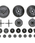 Replacement TT 02 G Parts Gearbox in silver and grey for RC cars upgrade kit shown with various gear components.